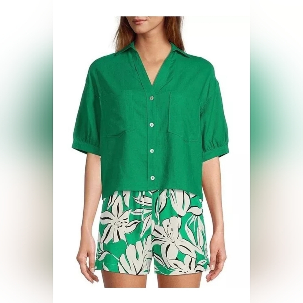2334) EVERY Green Linen blend Short Puff Sleeve Button Front Shirt Size XL